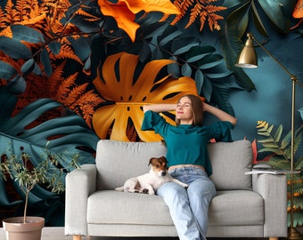 Dark Tropical Teal & Orange Leaves Wall Mural, Abstract Leaves Photo Wallpaper | Peel and Stick (Self Adhesive) or Non Adhesive Vinyl Paper