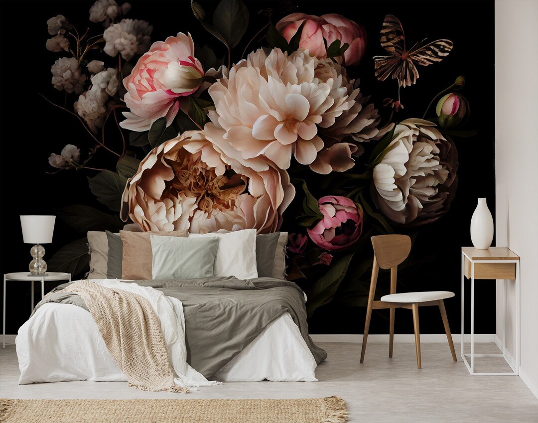 Dark Floral Peony Wallpaper, Abstract Bouquet Wall Mural, Peel and ...
