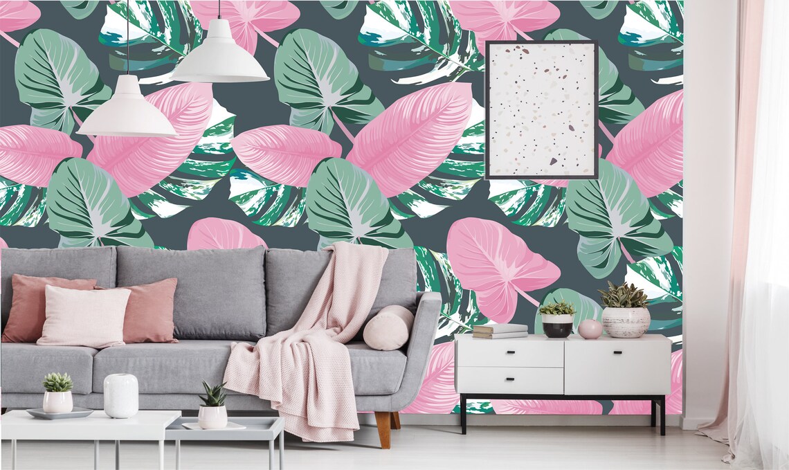 Pink and Green Leaf Motive Wallpaper Tropical Botanical Mural - Etsy UK