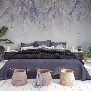 Tropical leaf and berry wallpaper, purple wall mural, wall decor, removable | Peel and Stick (Self Adhesive) or Non Adhesive Vinyl Paper