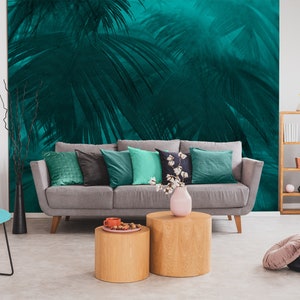 Dark green abstract feathers, self adhesive, peel and stick wall mural