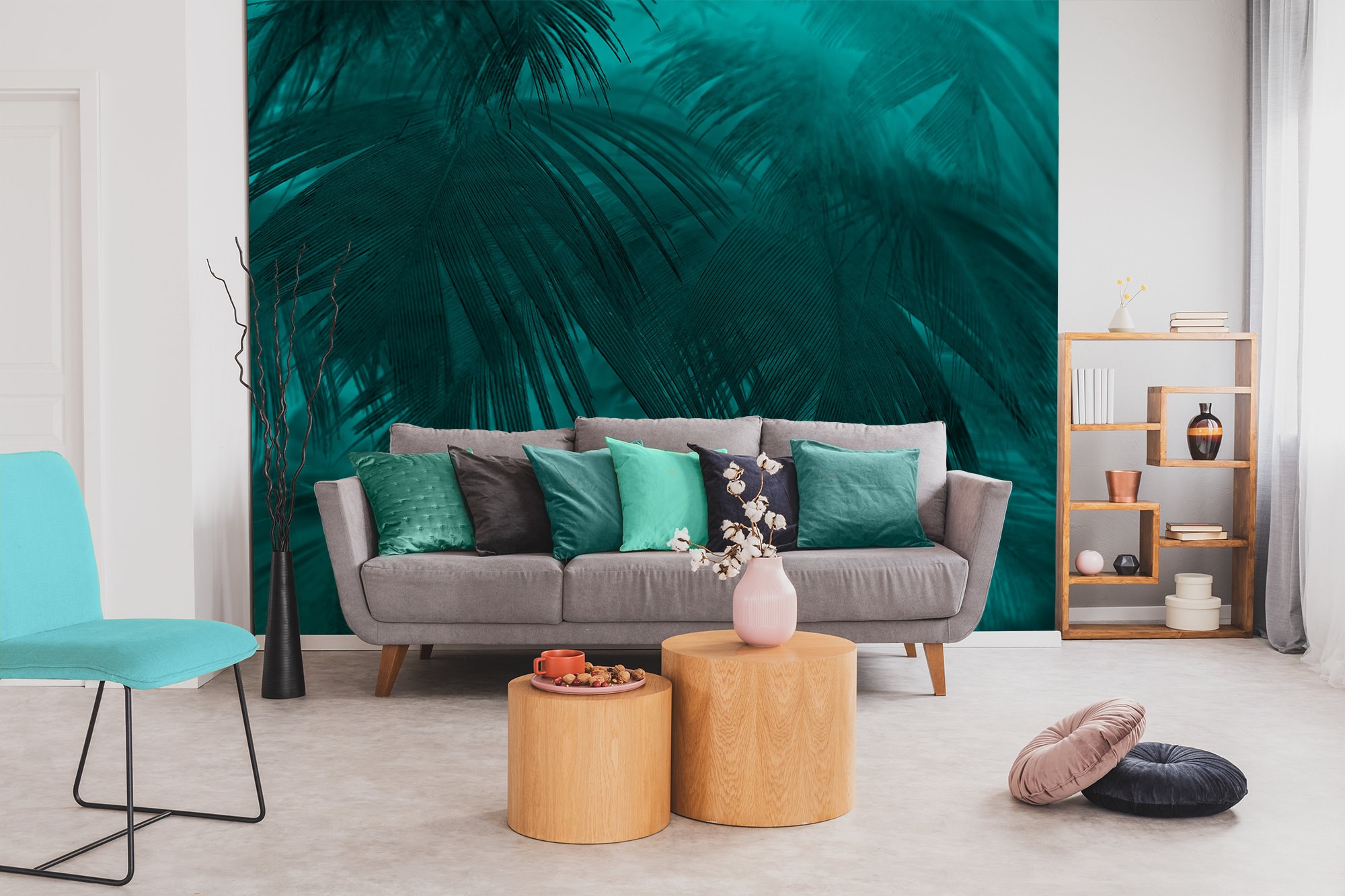 Dark green abstract feathers, self adhesive, peel and stick wall mural