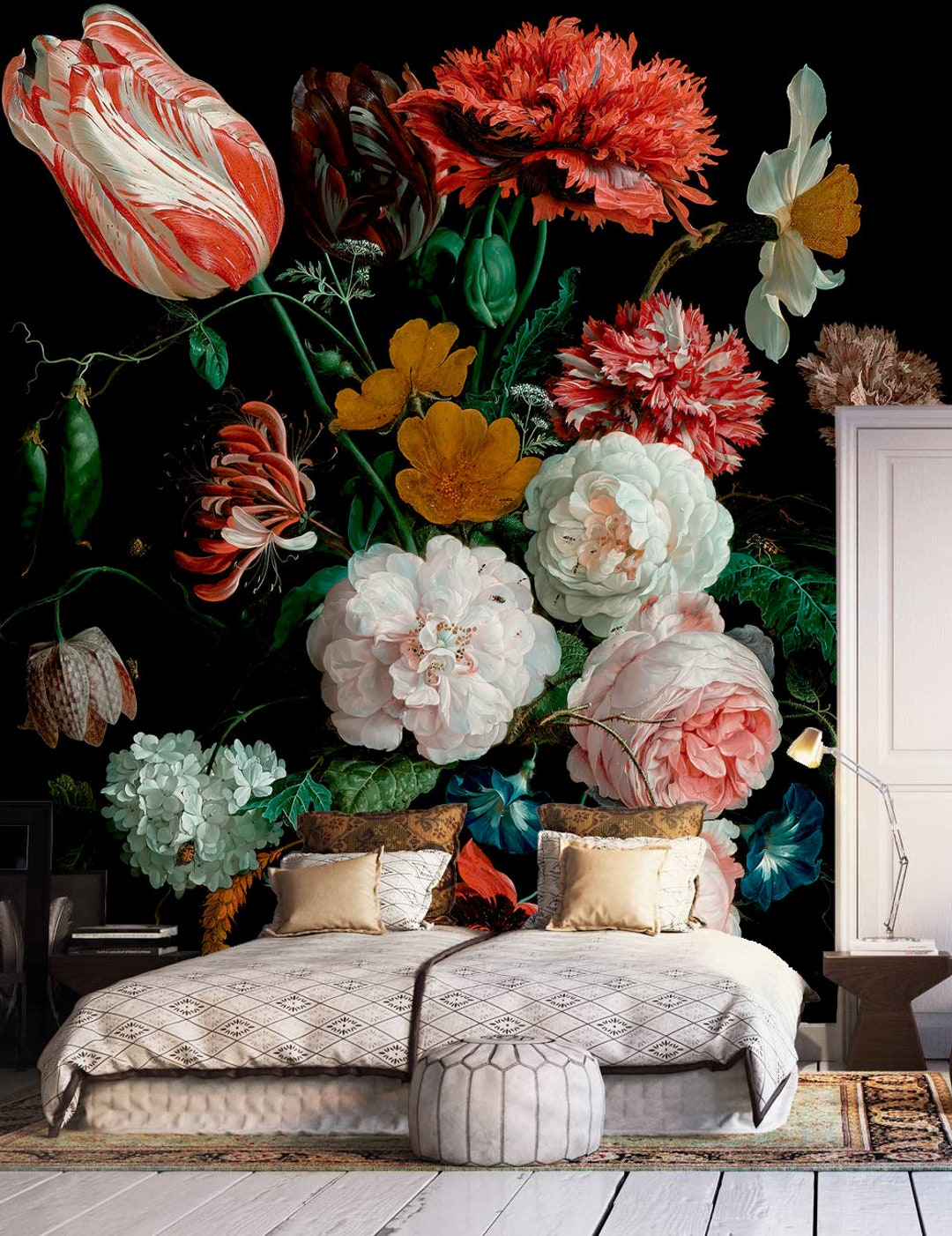 Dark Floral Peel and Stick Wallpaper, Dutch Flowers Oil Painting, Wall