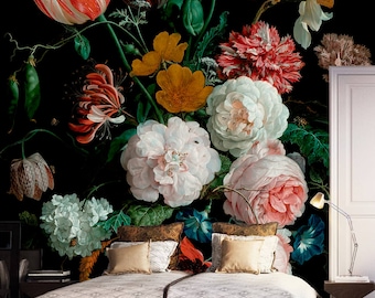 Dark floral peel and stick wallpaper, Dutch flowers oil painting, Wall mural, Still life flowers wall art, Dark flowers, Dark wall mural