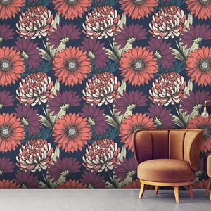 Wallpaper with red and purple flowers, self adhesive, peel and stick floral wall mural