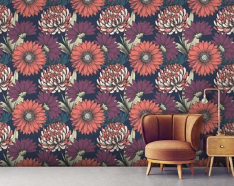 Wallpaper with red and purple flowers, self adhesive, peel and stick floral wall mural