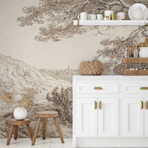 Vintage landscape wallpaper, wall mural | Peel and Stick (Self Adhesive) or Non Adhesive Vinyl Paper