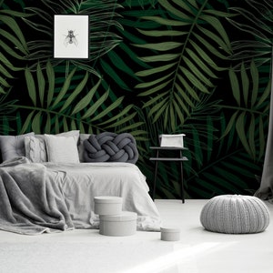 Dark Tropical Wallpaper, Palm Leaf Mural, Dark Jungle Pattern Self ...