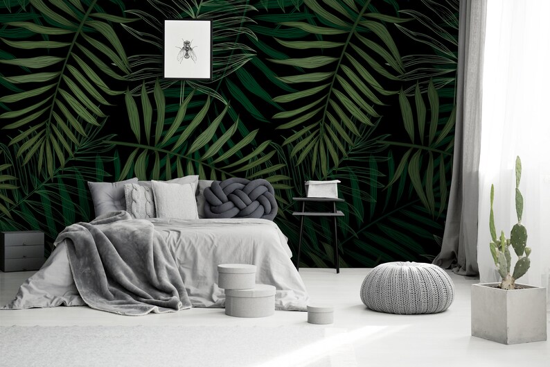 Dark Tropical Wallpaper Palm Leaf Mural Dark Jungle Pattern - Etsy