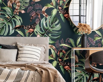 Snake, Scorpion & Monstera Leaf Dark Watercolor Tropical Wallpaper | Peel and Stick (Self Adhesive) or Non Adhesive Vinyl Paper