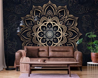 Dark Gold Mandala Wallpaper, Modern Home Decor (Peel and Stick or Non Adhesive Vinyl