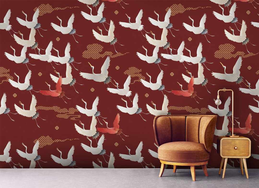 White and Red Birds Wallpaper Geometric Pattern Peel and Etsy