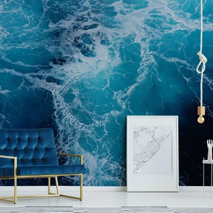 Sea Foam Wallpaper, Blue Sea Waves Wall Mural | Peel and Stick (Self Adhesive) or Non Adhesive Vinyl Paper