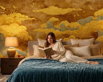Japanese sea waves art wallpaper, abstract non gold wall mural,vintage home decor| Peel and Stick (Self Adhesive) or Traditional Vinyl Paper
