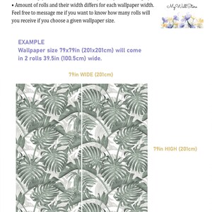 May include: A graphic showing how to calculate the number of wallpaper rolls needed for a wall. The example shows a 79 inch by 79 inch wall, which requires 2 rolls of wallpaper, each 39.5 inches wide.