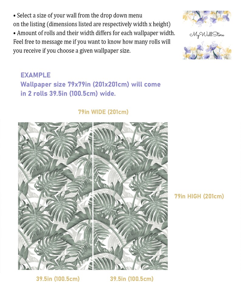 May include: A graphic showing how to calculate the number of wallpaper rolls needed for a wall. The example shows a 79 inch by 79 inch wall, which requires 2 rolls of wallpaper, each 39.5 inches wide.