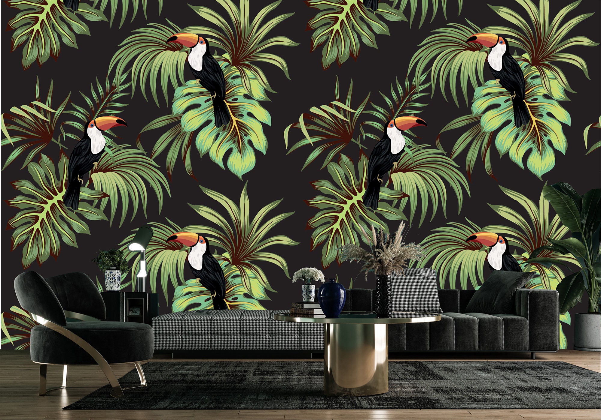 Adesivi Murali Tropicali 2 Fogli 30x90cm Foglie Di Palma Pappagalli Farfalle Decorazione Soggiorno