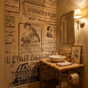 Puede incluir: Un mueble de ba&ntilde;o con encimera de m&aacute;rmol, lavabo de cer&aacute;mica blanca y base de metal. La pared est&aacute; cubierta con papel pintado estilo peri&oacute;dico franc&eacute;s antiguo con texto e ilustraciones en negro. Incluye un espejo y una l&aacute;mpara de pared.