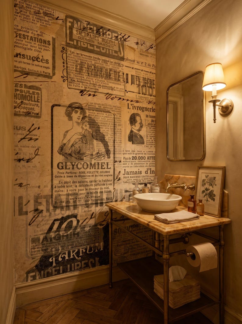 Puede incluir: Un mueble de ba&ntilde;o con encimera de m&aacute;rmol, lavabo de cer&aacute;mica blanca y base de metal. La pared est&aacute; cubierta con papel pintado estilo peri&oacute;dico franc&eacute;s antiguo con texto e ilustraciones en negro. Incluye un espejo y una l&aacute;mpara de pared.