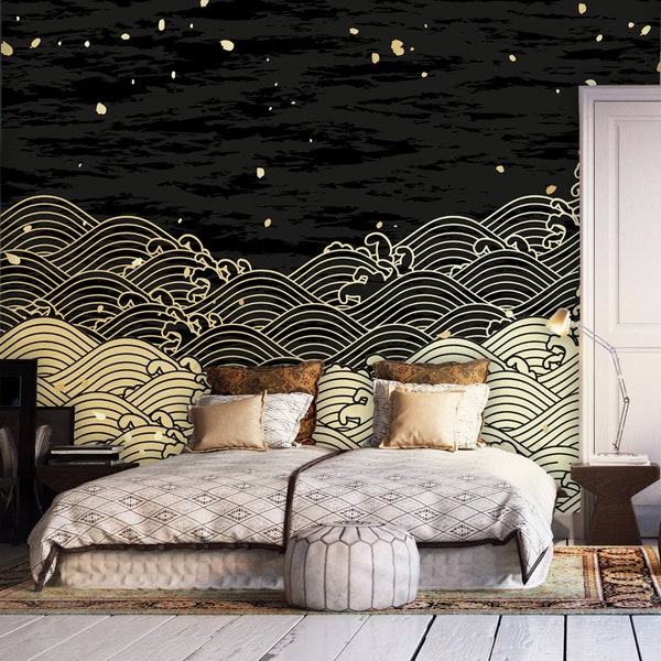 Waves drawing wallpaper, japanese design, home decor,wall art,peel and stick-Wall decor-Self,Adhesive Wall Mural-Reusable,wall decal,clipart