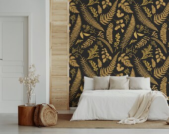 Wallpaper with gold fern leaf pattern, self adhesive, peel and stick floral wall mural