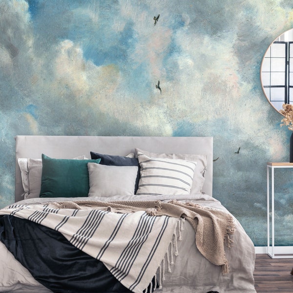 Bewölkter blauer Himmel Tapete, Weinlesemalerei-Wand-Wand | Schälen und aufkleben (selbstklebend) oder nicht klebendes Vinylpapier