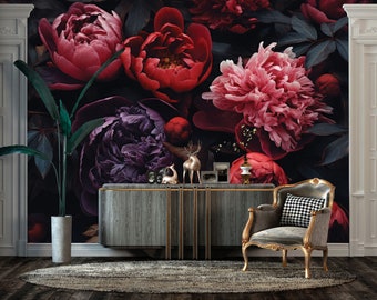 Dark Red & Purple Floral Romantic Wallpaper, Dark Peony Wall Mural | Peel and Stick (Self Adhesive) or Non Adhesive Vinyl Paper