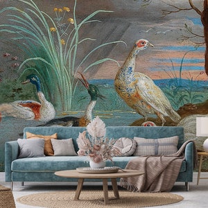 Vintage Landschaft Tapete mit Enten, Vintage Vögel Kollektion | Abziehen und aufkleben (selbstklebend) oder nicht klebendes Vinylpapier
