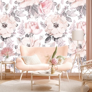 Vintage pink rose wallpaper, floral watercolor mural, floral clipart, art wall decal, removable peel and stick wallpaper, watercolor clipart