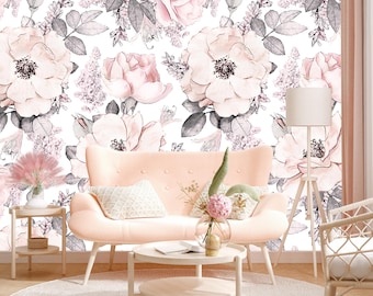 Papel pintado de rosas rosadas, mural floral en acuarela, vinilo autoadhesivo.
