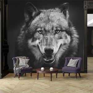 Tapete mit dunkelgrauem Wolf auf schwarzem Hintergrund | selbstklebend, ablösbar, Schälen & Aufkleben