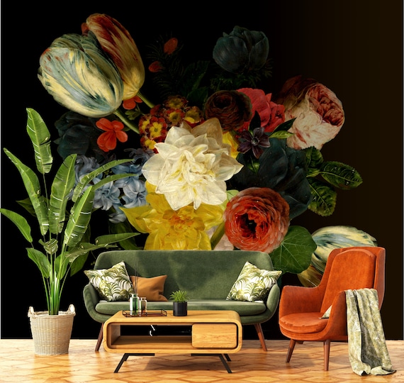 Dark wallpaper with colorful floral vintage motive, Peel & Stick, Self Adhesive Removable Wall Mural