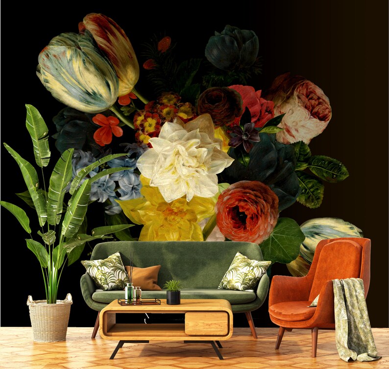 May include: A still life featuring a colorful bouquet of flowers in a vase, with a green sofa and an orange armchair in the foreground. The flowers include tulips, roses, and other blooms in shades of red, yellow, white, and blue.