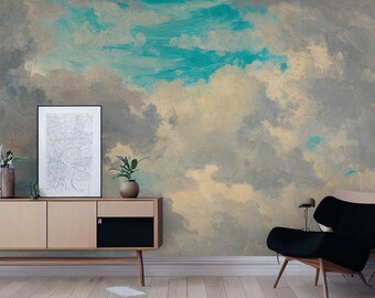 Vintage Clouds Sky Painting Wall Mural, Peel and Stick Vinyl