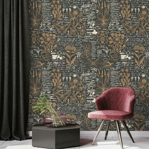 Dark wallpaper with old book inscriptions, herbs and insects drawings | self-adhesive, removable, peel & stick wall mural