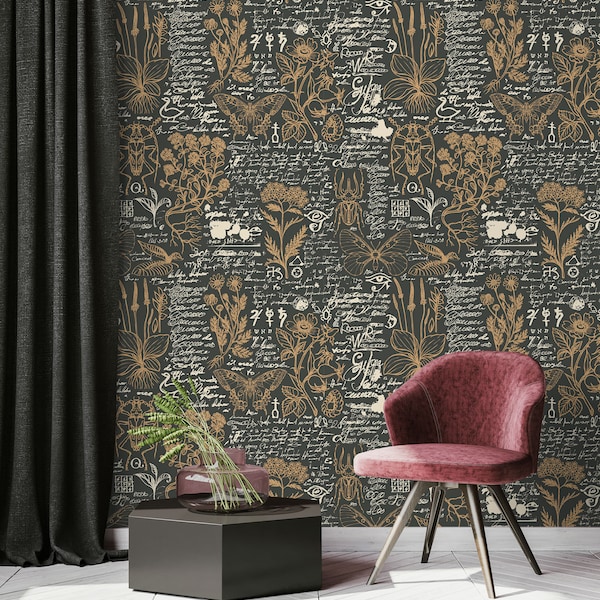 Dark wallpaper with old book inscriptions, herbs and insects drawings | self-adhesive, removable, peel & stick wall mural