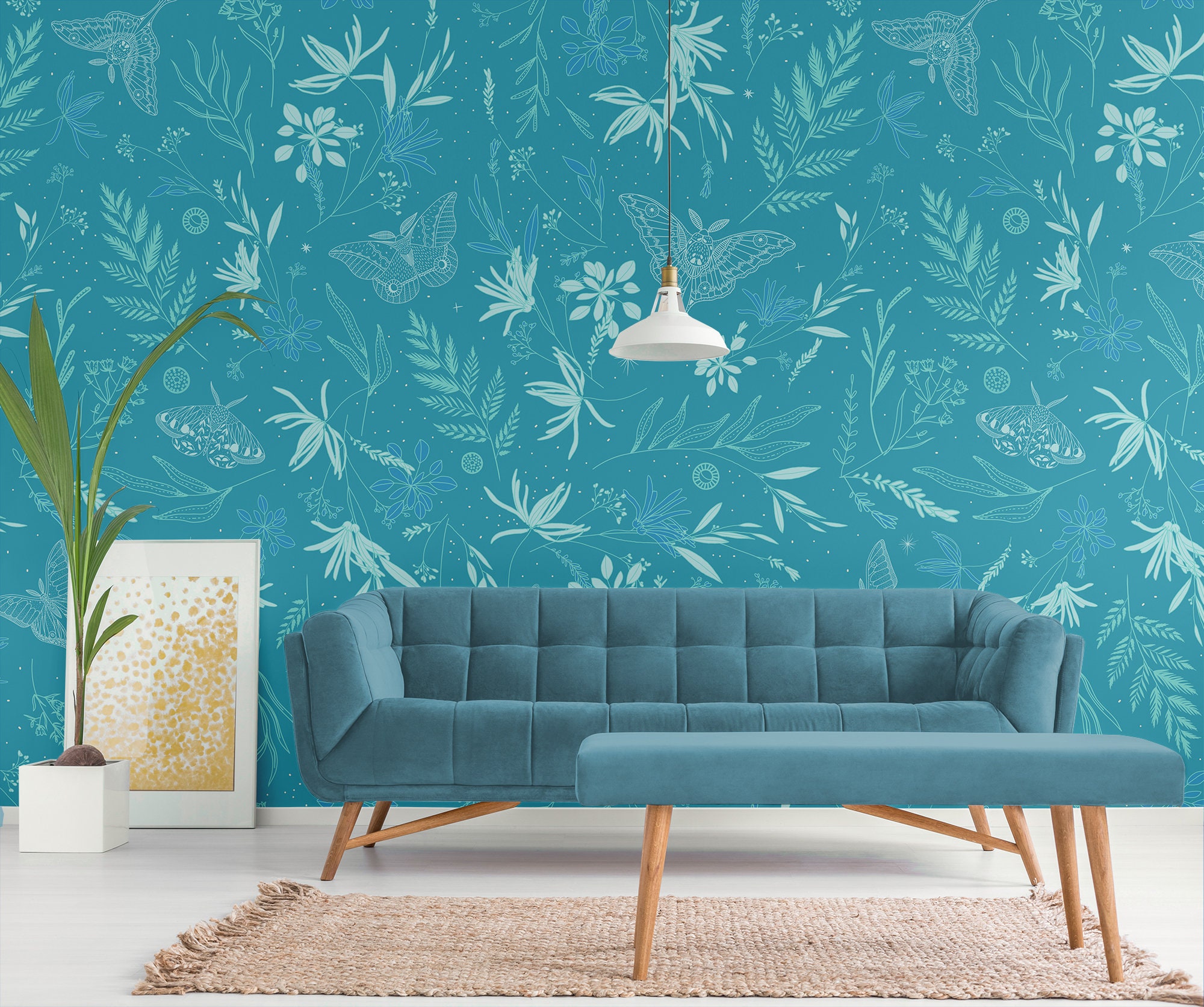 Floral, butterflies and moths wallpaper, blue abstract pattern * | Peel and Stick (Self Adhesive) or Non Adhesive Vinyl Paper