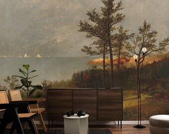 Papel de parede com paisagem marítima e arborizada, mural de arte vintage para parede | Autoadesivo ou papel de vinil tradicional.