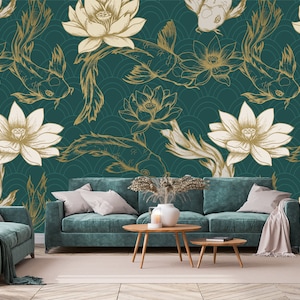 Carta da parati con motivo art deco verde acqua con pesci koi e fiori gialli / murale autoadesivo, rimovibile, stacca e incolla