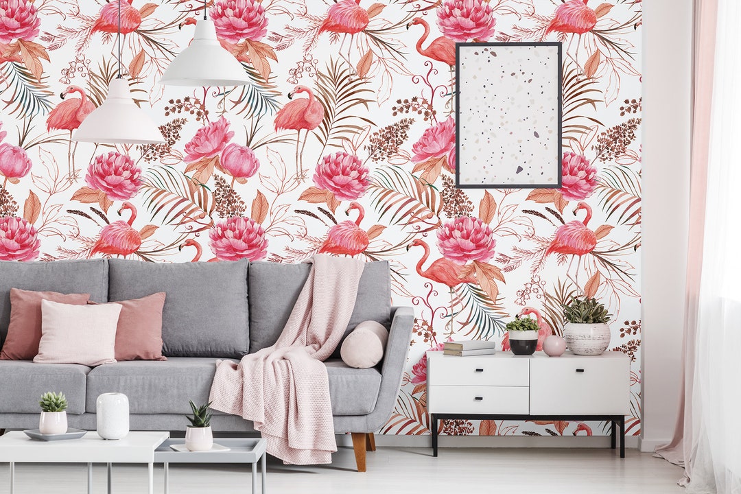 Botanical Wallpaper With Pink Flamingo, Peony and Tropical Leaves, Self ...