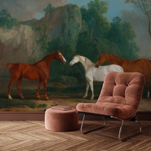 Painting with horses wallpaper, vintage landscape wall mural | Peel and Stick (Self Adhesive) or Non Adhesive Vinyl Paper