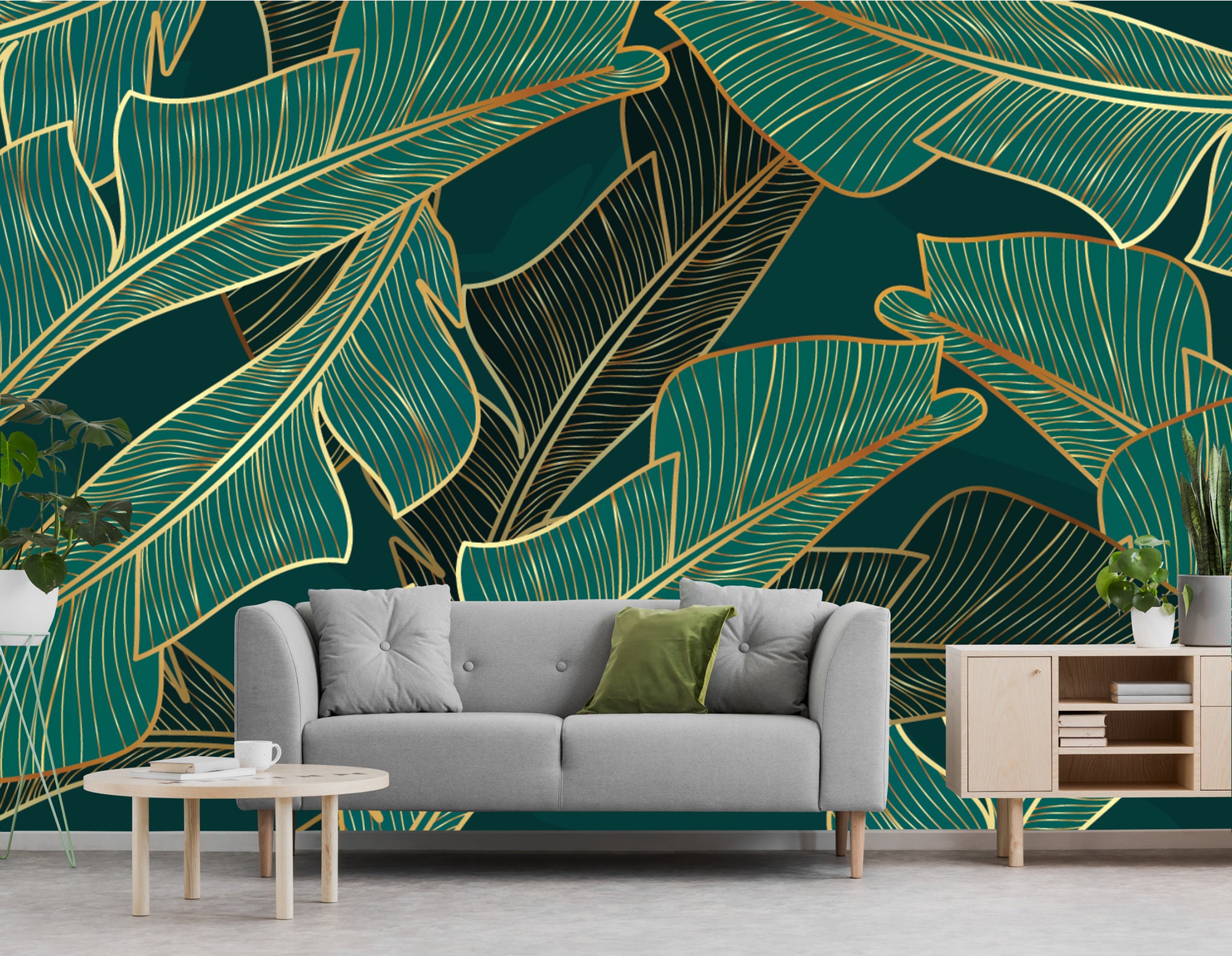Tropical Leaf Wallpaper | Green & Gold Peel and Stick Wall Mural - Etsy