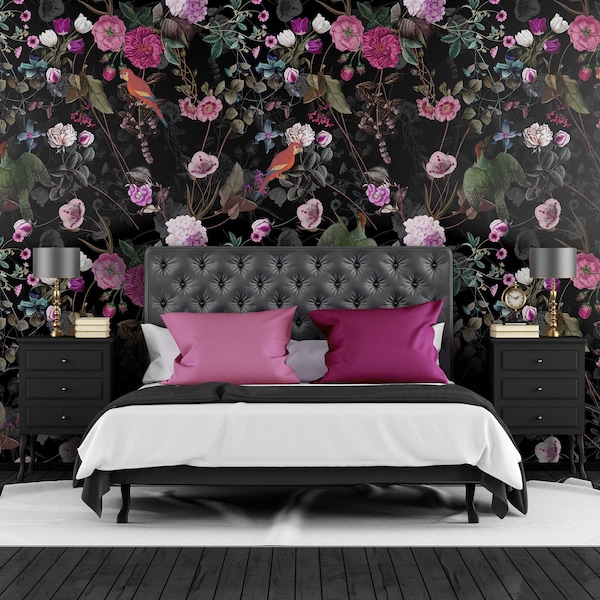 Purple and pink flowers wallpaper, dark floral pattern, home decor, wall decal, removable peel & stick wallpaper, floral art, self adhesive