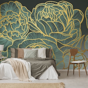 Vector green and yellow abstract rose pattern wallpaper, Peel & Stick, Self Adhesive Removable Wall Mural