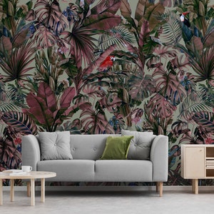 Tropical leaves wallpaper with birds, parrot, toucan, jungle pattern * | Peel and Stick (Self Adhesive) or Non Adhesive Vinyl Paper