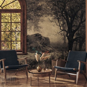 Dunkle Vintage Wald Wallpaper, Bäume und Stein Wandbild | Abziehen und aufkleben (selbstklebend) oder nicht klebendes Vinylpapier