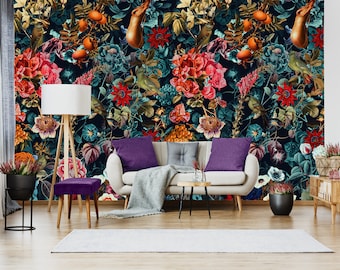 Dark Floral Wallpaper, Tropical Birds, Peel and Stick Wall Mural