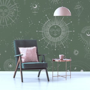 Sun & moon faded green astrology celestial wallpaper* | self adhesive, removable, peel and stick wall mural, wall decor