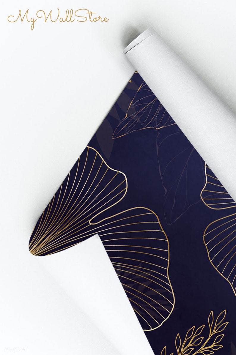 Dark Blue Art Deco Wallpaper Yellow Ginkgo Biloba Leaf Etsy