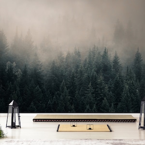 Misty forest landscape, peel and stick wall mural